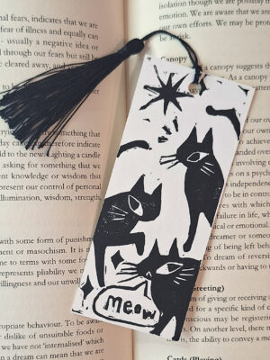 Linocut Bookmark - Black Cats